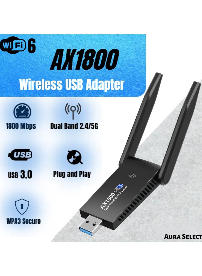  أورا سيليكت محول USB WiFi 6 بسرعة 1800 ميجابت في الثانية، شريحة Realtek RTL8832BU لثبات فائق، بطاقة شبكة لاسلكية مزدوجة النطاق 2.4/5 جيجاهرتز AX1800 مع هوائيين، USB 3.0 للتوصيل والتشغيل لنظامي التشغيل Windows 11/10 و - Image 1